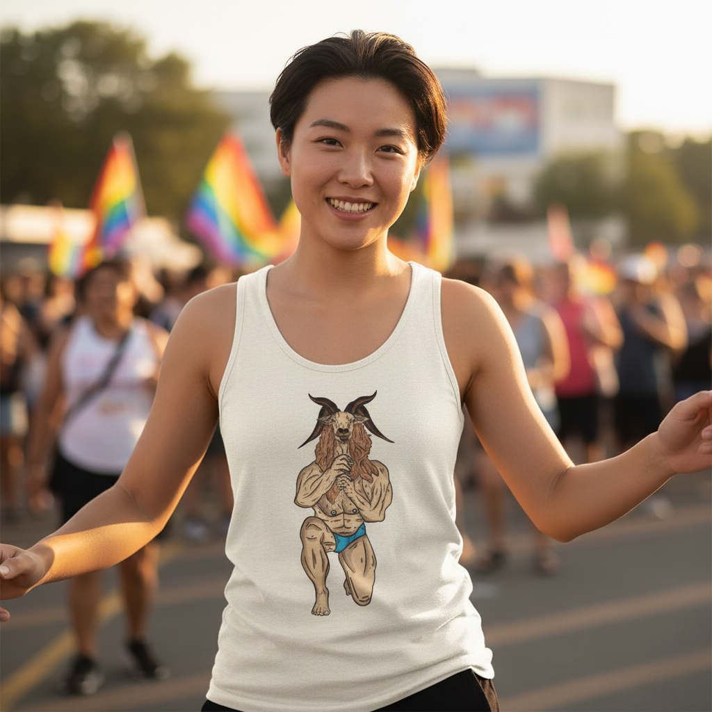 Throat Goat Unisex Tank Top with a buff kneeling goat-headed figure, worn by a queer person at a pride parade with rainbow flags.