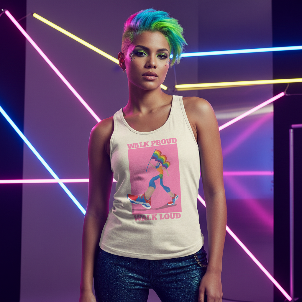 Walk Proud Walk Loud Unisex Tank Top with bold lettering and a colorful figure; wearer has short green-blue hair, neon lights behind.