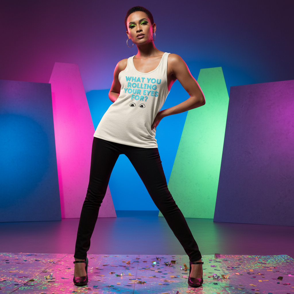 What You Rolling Your Eyes For? Unisex Tank Top" in bold letters, worn with black pants and heels, under queer pastel lights and confetti.