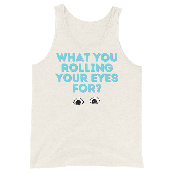 Unisex white tank top with blue and pink block text reading 