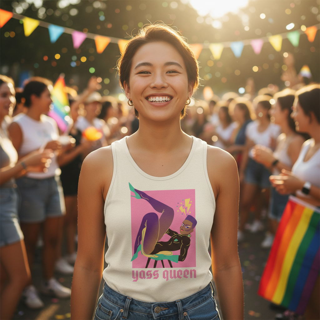 Yass Queen Unisex Tank Top on a smiling queer cutie at a sunny pride fest, bold pride flags flying in a lively LGBTQ+ crowd.
