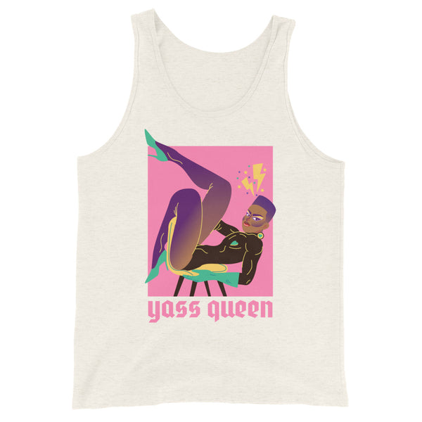 Unisex tank top with “yass queen”, bold figure in black, green heels, purple hair, on a pink backdrop with yellow lightning bolts.