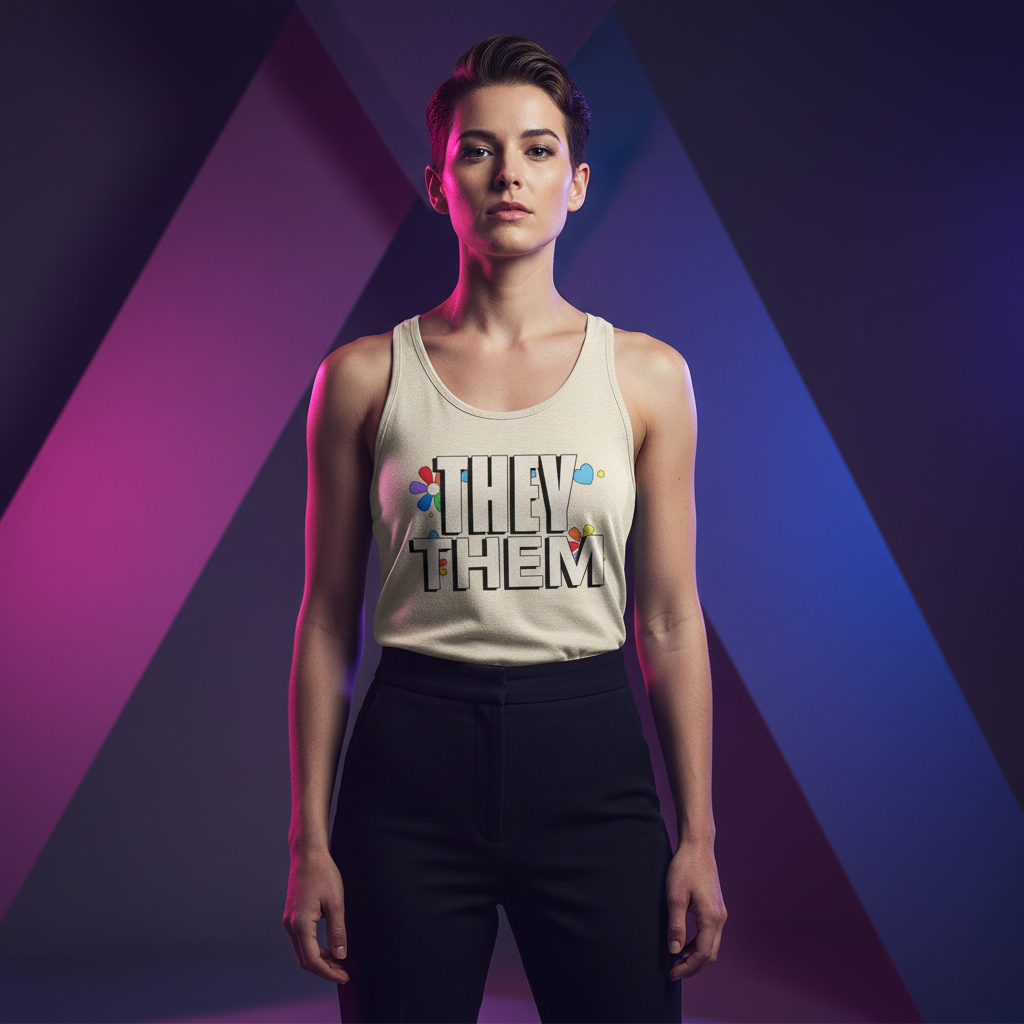 A person models the They / Them Unisex Tank Top, featuring bold block letters. The light-colored tank top embodies queer pride and empowerment, inviting self-expression and celebration of identity.
