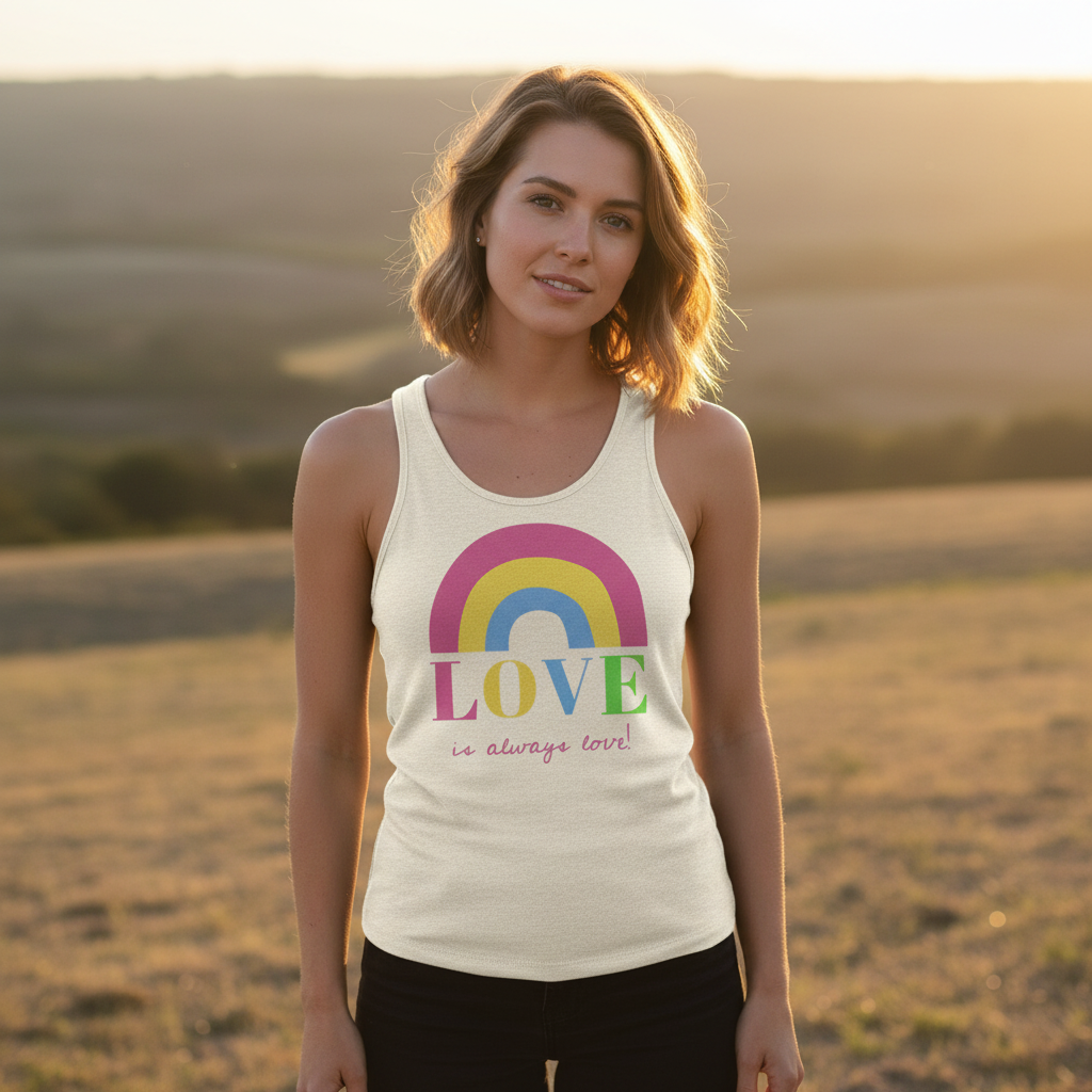 Young woman in a grassy field wearing the Love Is Always Love! Unisex Tank Top, featuring a rainbow and vibrant lettering, embodying queer empowerment and self-expression at sunset.