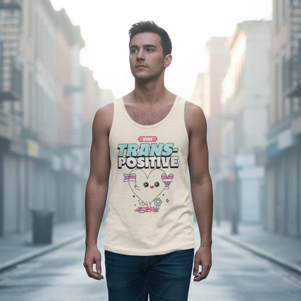 Stay Trans-Positive unisex tank showing a cute cartoon character holding transgender pride flags, worn proudly in an empty city street.
