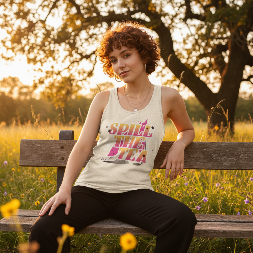 Person seated on a park bench wearing a cream tank top reading “SPILL THE TEA”