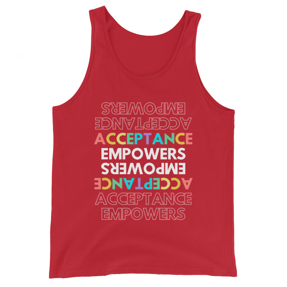 Red tank top with colorful mirrored and upright “ACCEPTANCE EMPOWERS” text