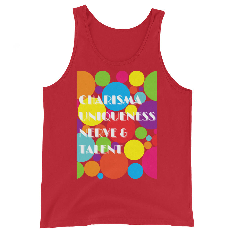 Flat-lay red tank top with colorful circles and white text reading “CHARISMA UNIQUENESS NERVE & TALENT”