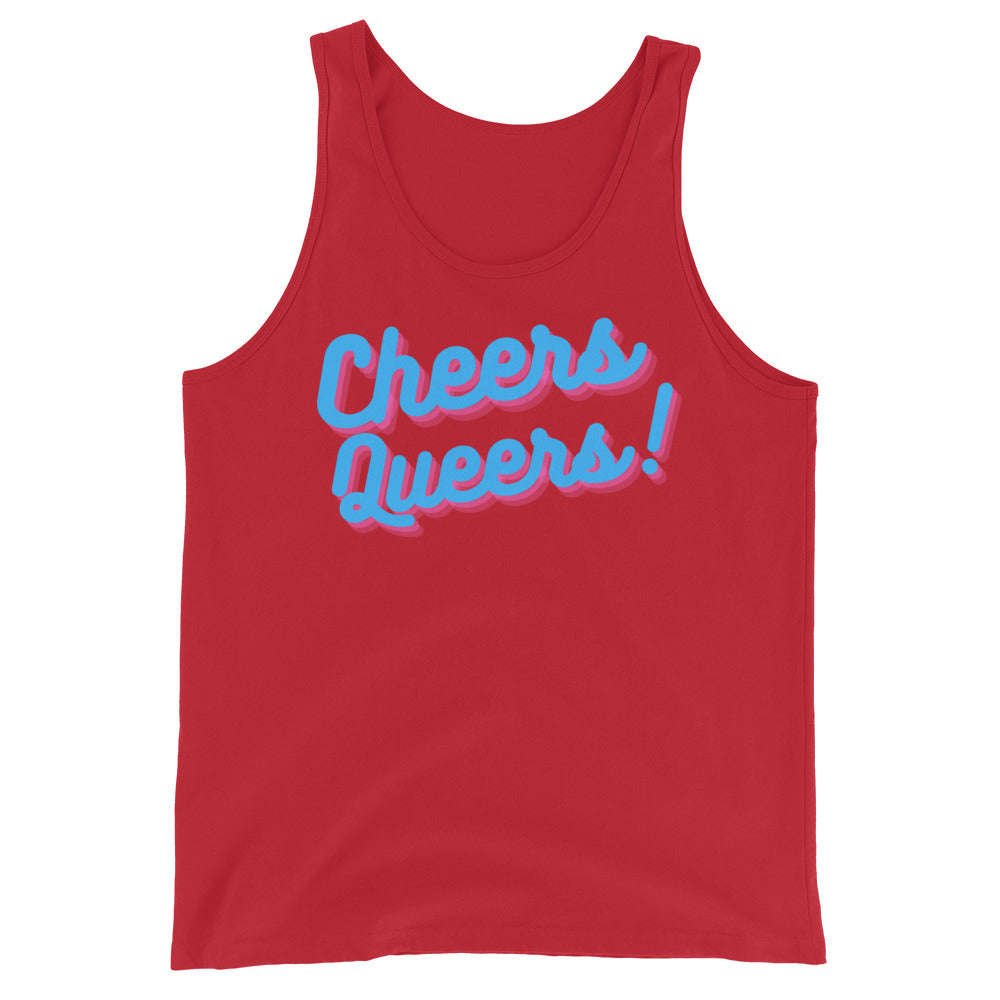 Front view of a red tank top with blue-and-pink “Cheers Queers!” lettering