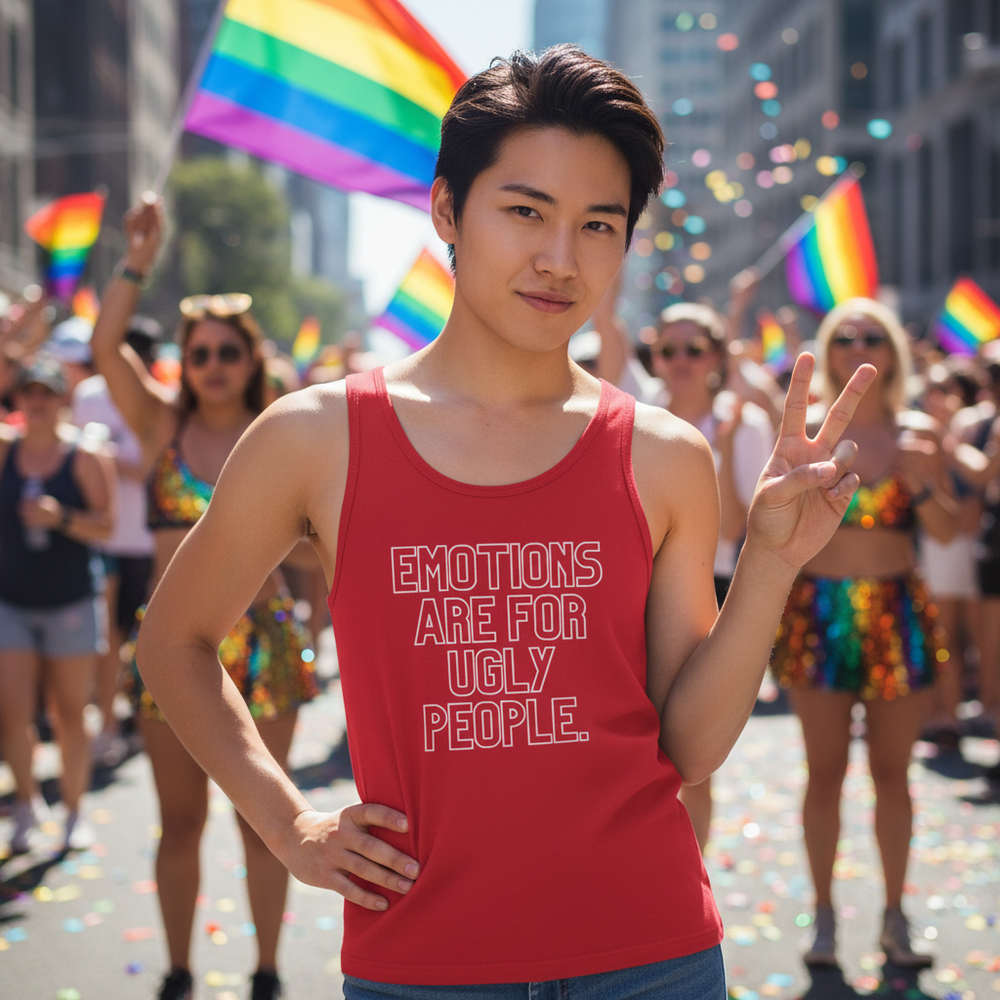 Unisex tank top reading "Emotions Are For Ugly People" worn proudly at a pride parade, peace sign, rainbow flags, confetti.