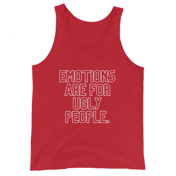 Unisex red tank top laid flat on white background, with bold white text reading 