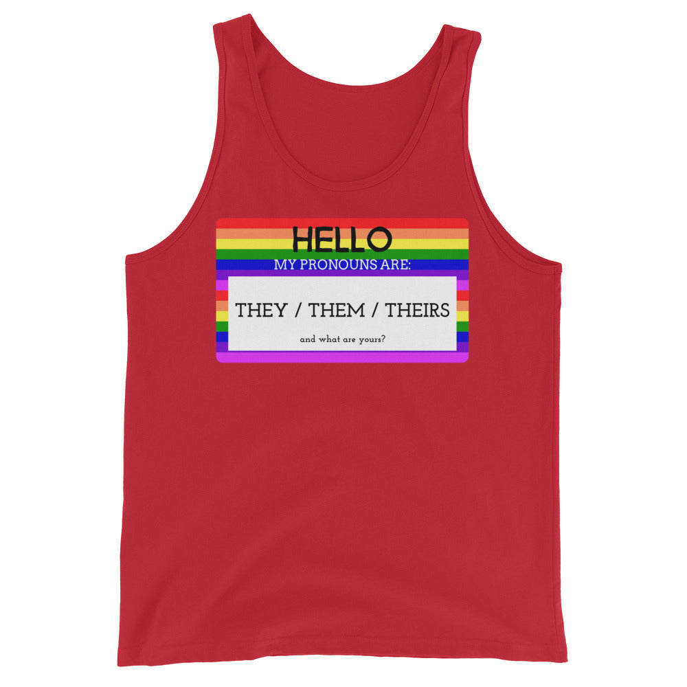 Red tank top with rainbow-striped panel reading “Hello, my pronouns are: They / Them / Theirs”