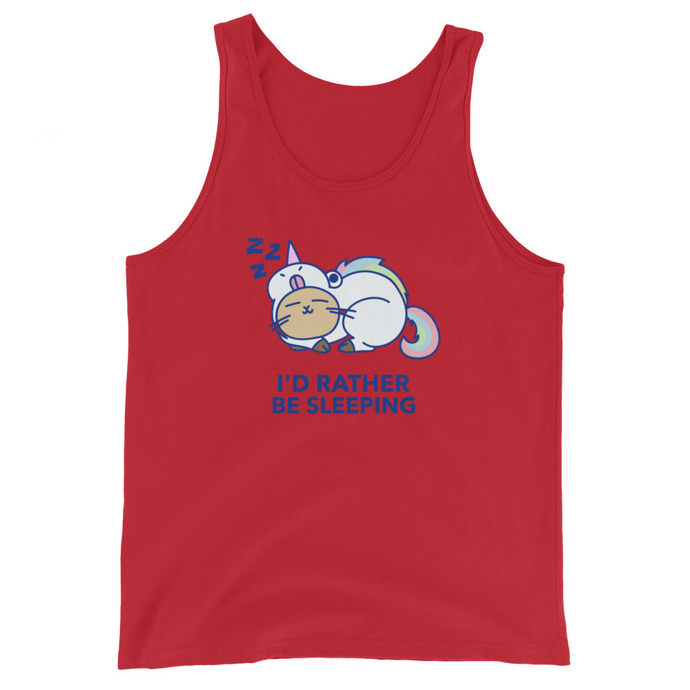 Red unisex tank top with a sleepy cartoon cat unicorn under blue “Zzz” and bold blue text: “ID RATHER BE SLEEPING.”.