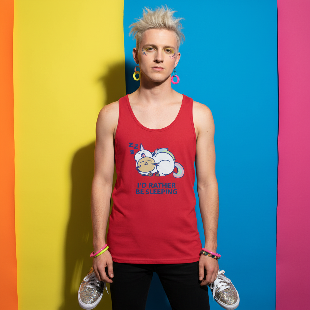 Front view of a red tank top reading “I’D RATHER BE SLEEPING,” with two sleeping cats