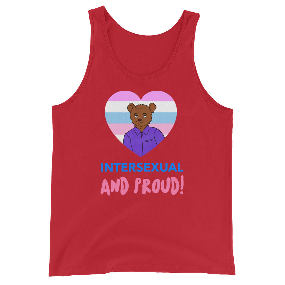 Red tank top with a heart-shaped pride flag, bear illustration, and “INTERSEXUAL AND PROUD!” text