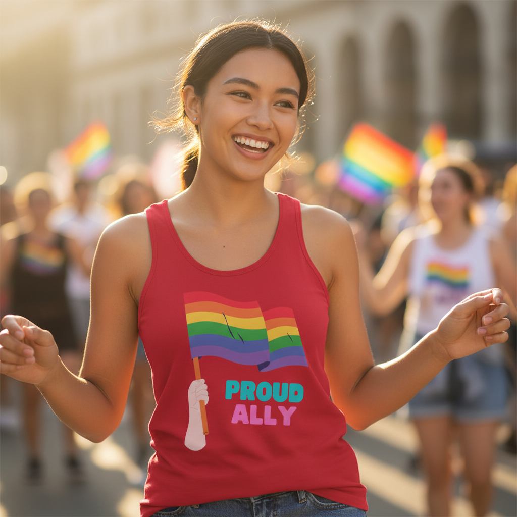 Proud Ally Unisex Tank Top with rainbow flag and "Proud Ally" slogan, worn at a sunny pride parade among rainbow flags.
