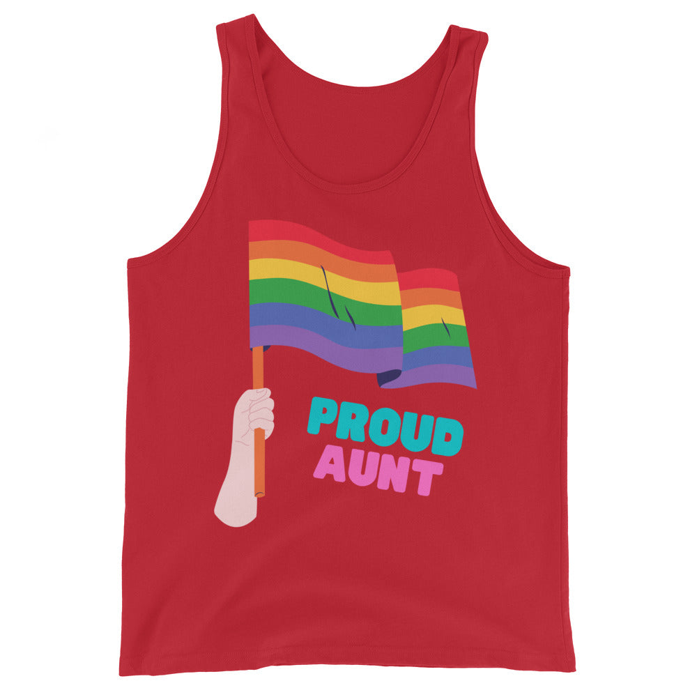Red tank top with a rainbow flag graphic and “PROUD AUNT” text