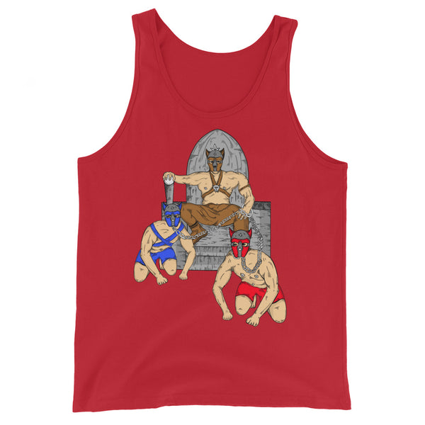 Unisex pup play tank top with a bold graphic: muscular figure in horned helmet on a throne, flanked by kneeling, masked figures in chains. Gender inclusive, pride-ready queer gear.