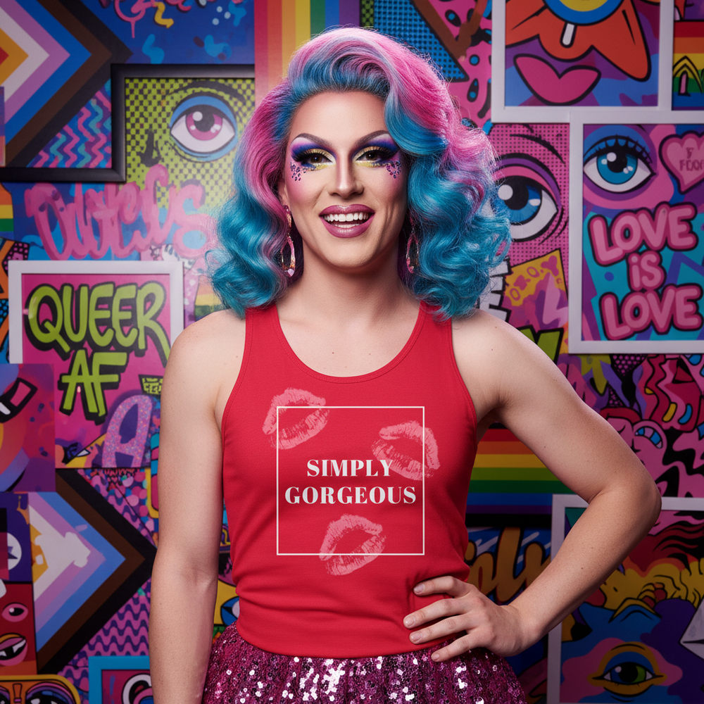 Drag performer in a red tank top reading “SIMPLY GORGEOUS,” posed before colorful pop-art artwork