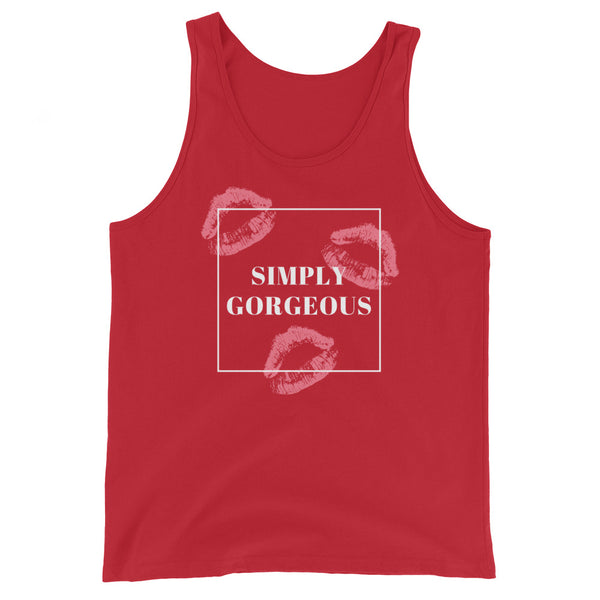 Unisex tank top with three pink lipstick kiss prints, white square border, and bold 