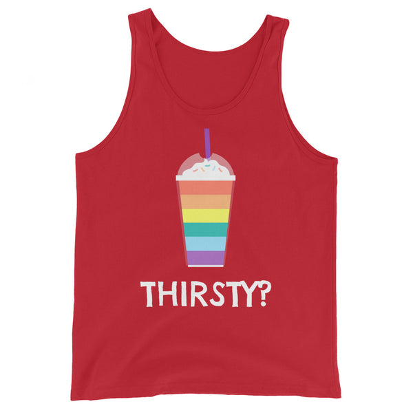Unisex red tank top with a graphic: rainbow cup, blue straw, whipped cream, and “THIRSTY?” in bold white text. Pride parade staple.