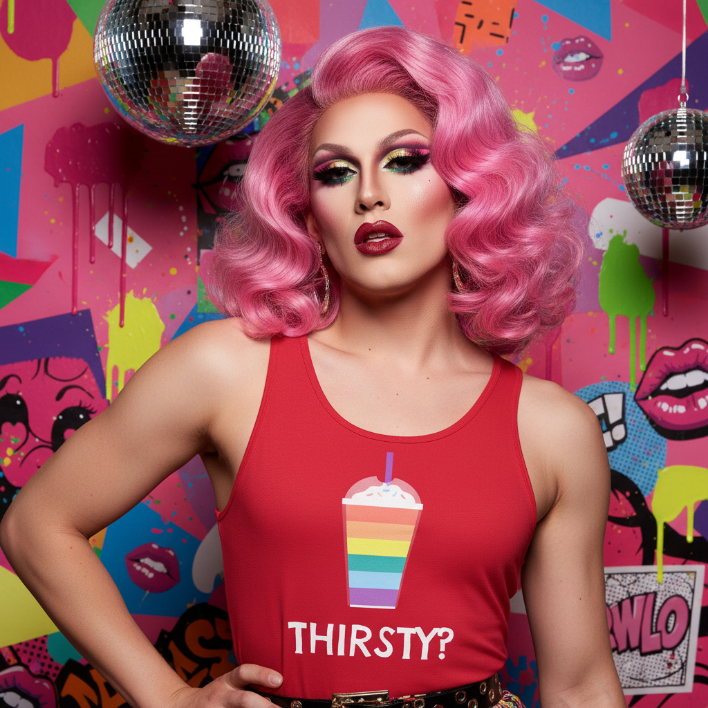 Thirsty? Unisex Tank Top with rainbow milkshake and "THIRSTY?" slogan, worn by a queer babe with bold pink hair, disco balls above.
