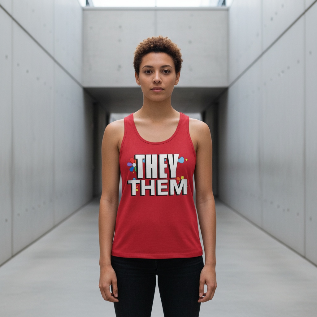 They/Them Unisex Tank Top with bold "THEY THEM" text and vibrant confetti, worn by a confident queer person in black pants.
