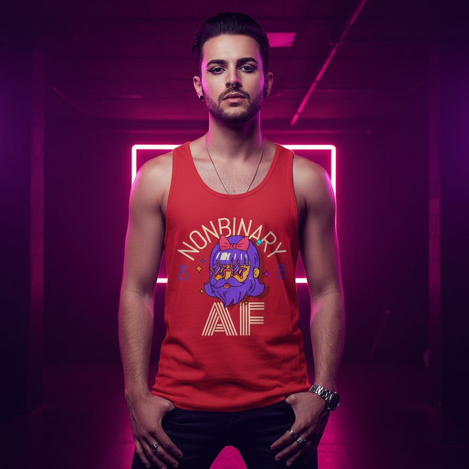 Nonbinary AF tank top with illustrated face and "NONBINARY AF"; confident queer in purple neon, headphones on, hands in pockets.