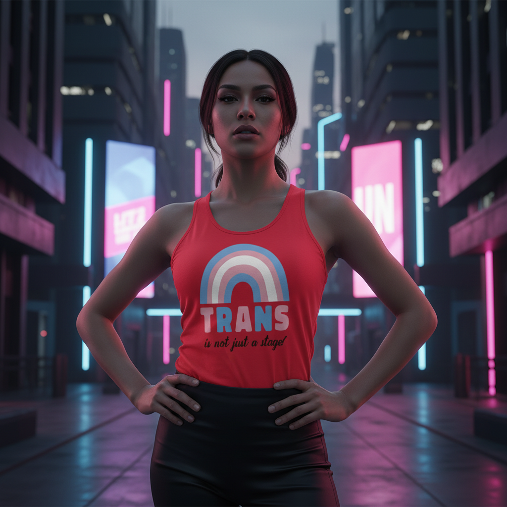 Person in a red Trans Is Not Just A Stage! tank top stands confidently in a neon-lit cityscape, embodying empowerment and queer pride amidst vibrant urban lights.