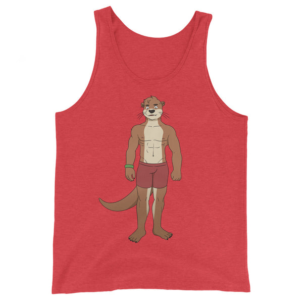 Unisex tank top with a cute otter in red swim trunks and a green wristband, standing upright on white—queer otter vibes.