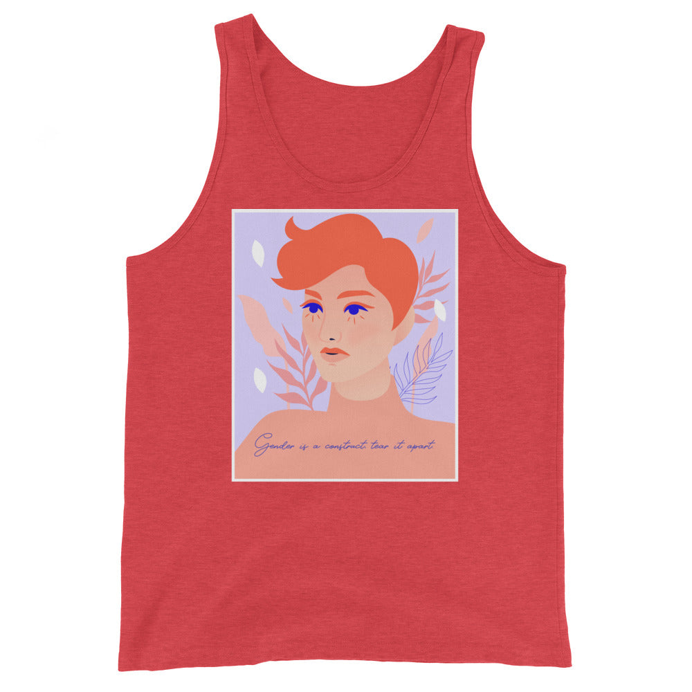Red tank top with a portrait graphic and the words “Gender is a construct tear it apart”
