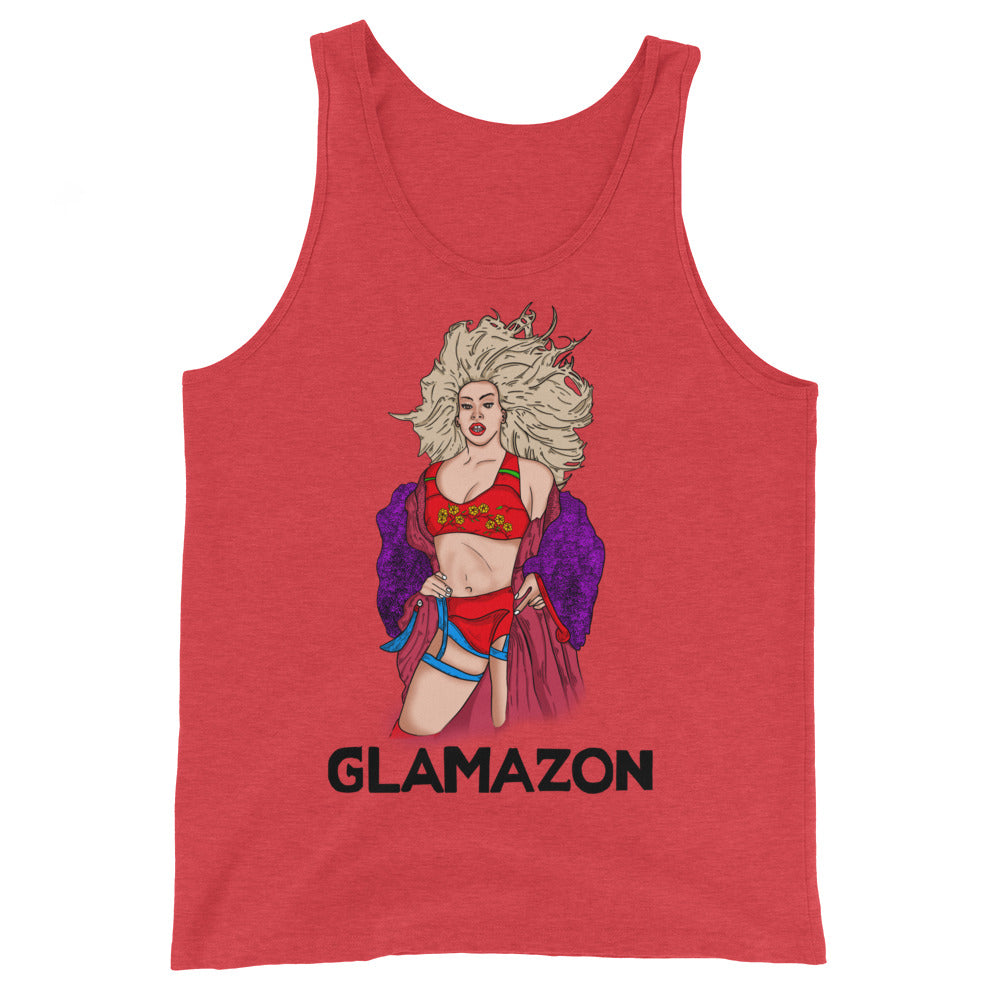 Red tank top with a cartoon glamazon in lingerie and bold GLAMAZON text