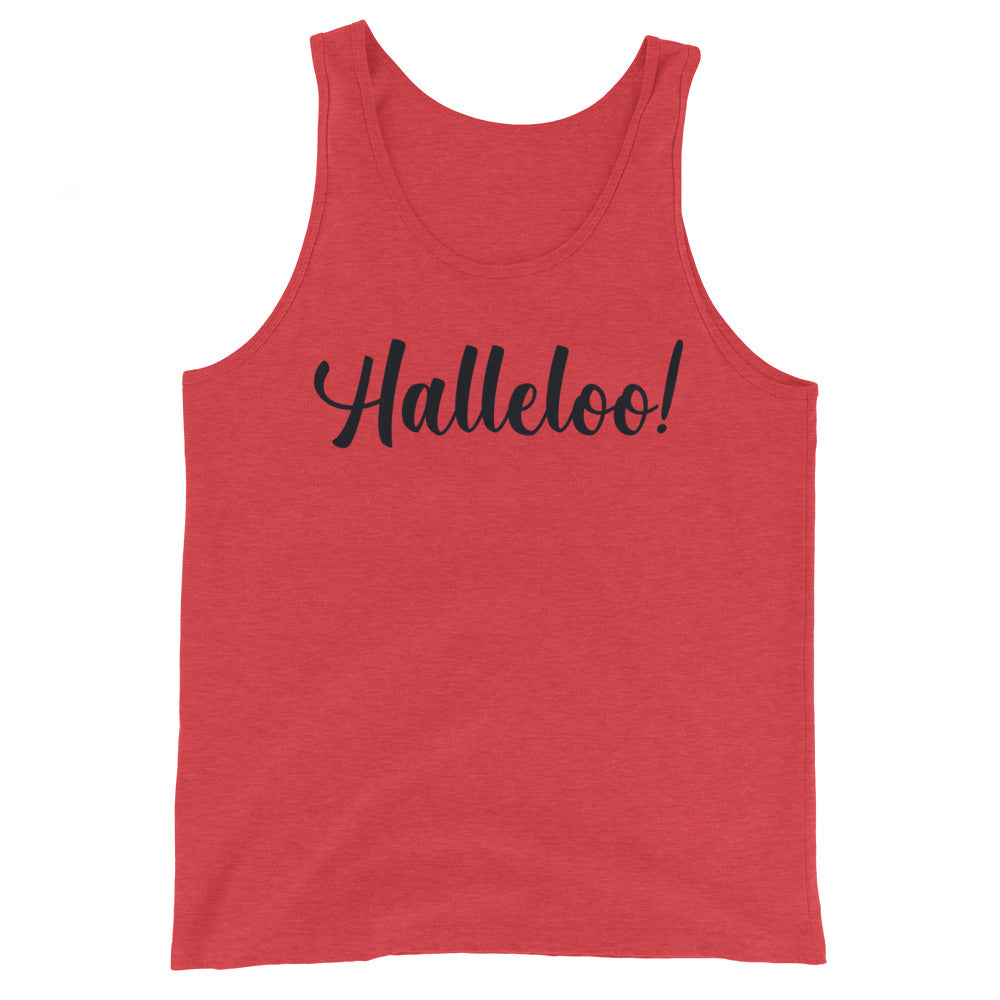 Unisex red tank top with “Halleloo!” in bold black cursive on the chest, laid flat on a white background; queer fab staple.