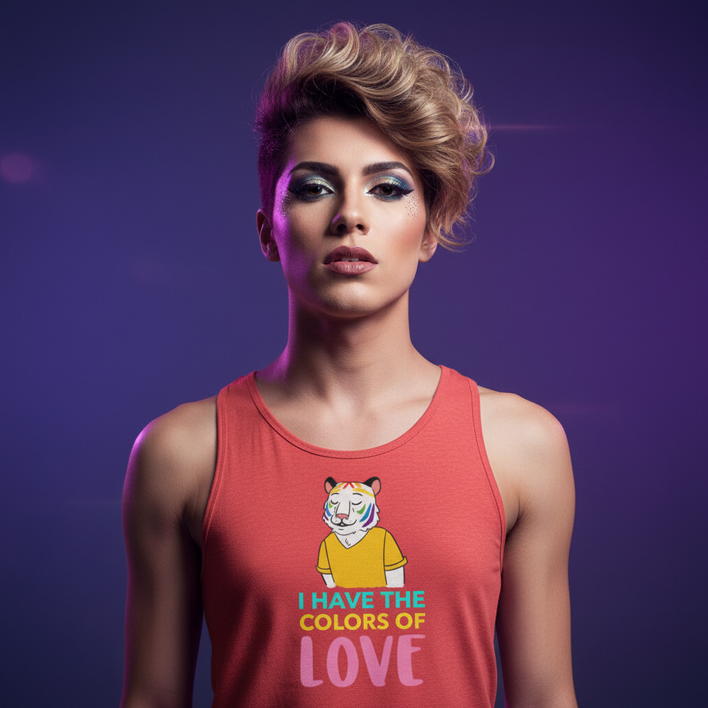 Unisex tank top reading "I Have The Color Of Love" with a rainbow-striped tiger, pride text, queer vibes, on purple backdrop.