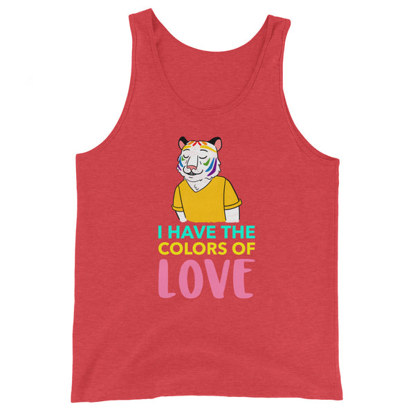 Unisex tank top with a white tiger in rainbow stripes, yellow tee, and 