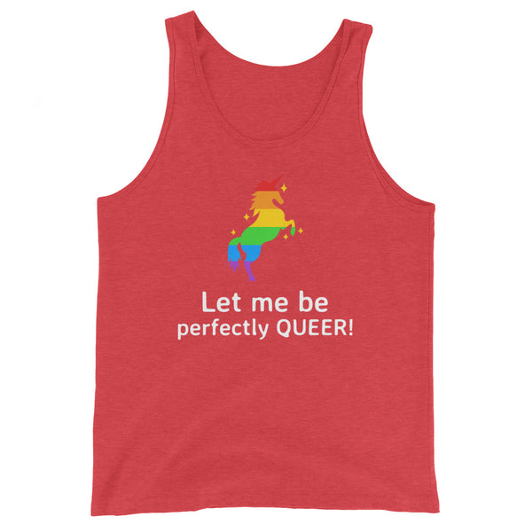 Unisex tank top featuring a rainbow-stripe unicorn with yellow horn, red mane and tail, and bold white text: 