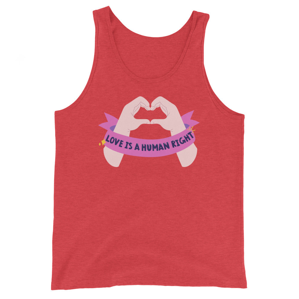 Red tank top with two hands forming a heart and “LOVE IS A HUMAN RIGHT” banner
