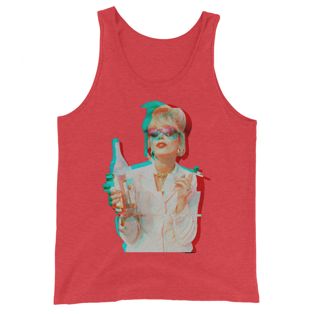 Red tank top with a glitch-style portrait of a blonde woman giving a thumbs-up