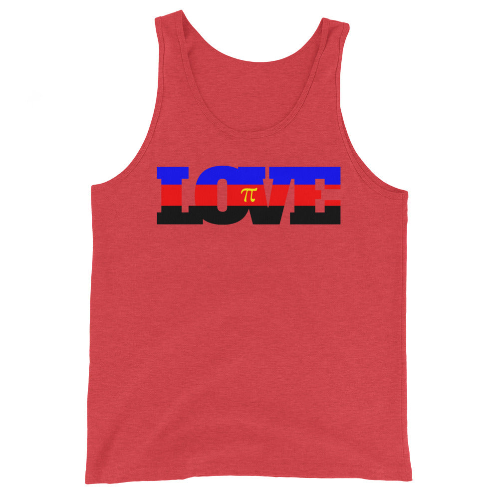Unisex tank top with “LOVE” in blue, red, and black stripes; yellow Greek pi (π) swaps for the O, rocking polyam pride vibes.