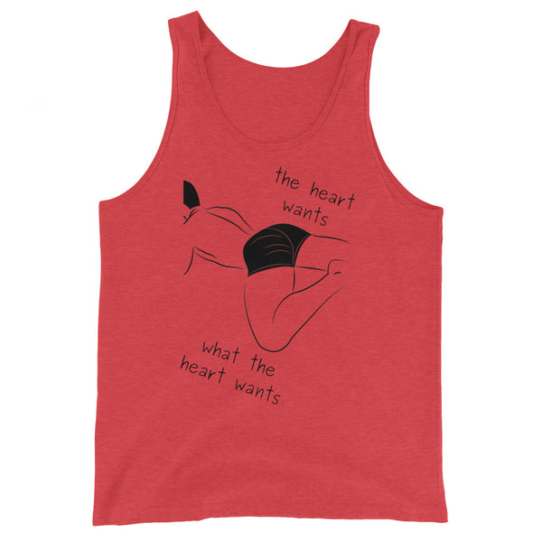 Red unisex tank top with a minimalist black line sketch of a person in black underwear; “the heart wants what the heart wants” circles playfully.