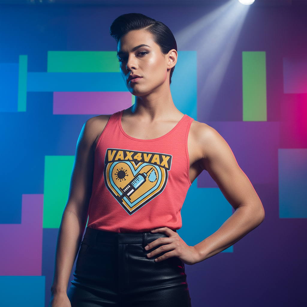 Coral Vax 4 Vax Unisex Tank Top with heart and syringe graphic, styled with black leather pants, neon geometric lights behind.