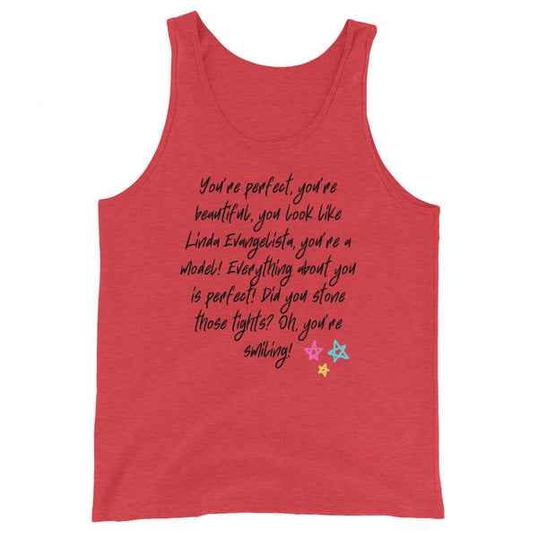 Unisex tank top with handwritten black “You Look Like Linda Evangelista” text and three colorful star doodles, vibing pride and queer joy.