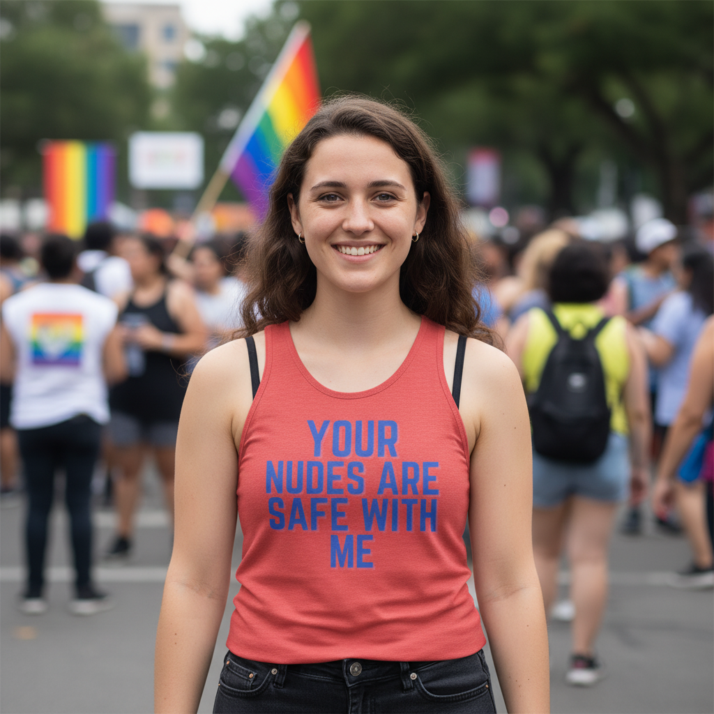 Young woman at a pride event wearing the Your Nudes Are Safe With Me unisex tank top, exuding confidence and queer pride amidst vibrant rainbow flags and a joyful, inclusive atmosphere.