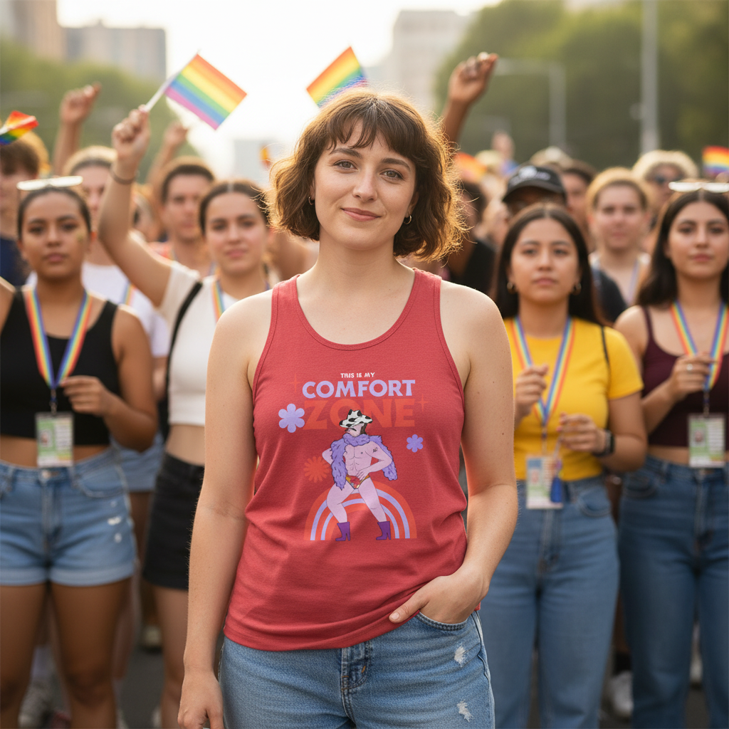 Red “This Is My Comfort Zone” unisex tank top on a smiling woman, front of a diverse Pride parade with rainbow flags and queer joy.