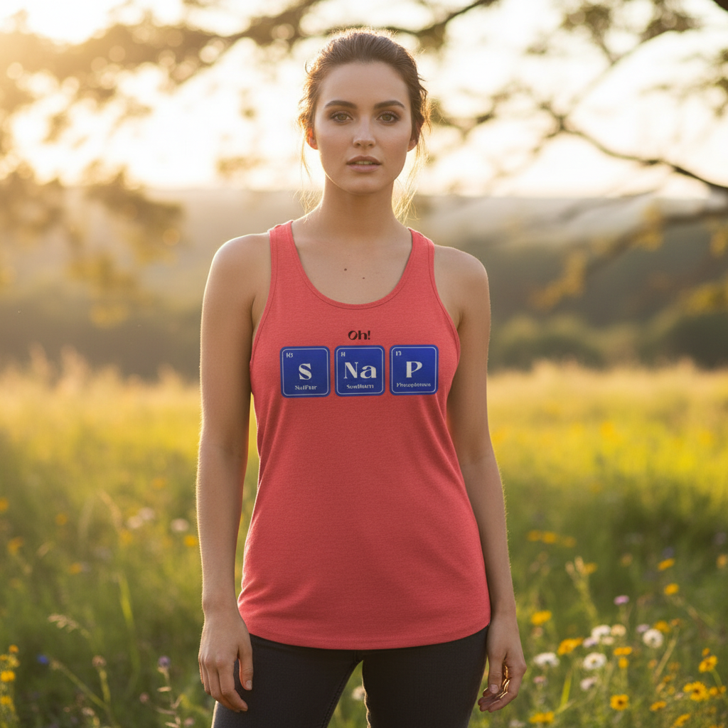Oh! SNaP Unisex Tank Top: Young woman in meadow wearing a red-coral tank top with periodic-table design, symbolizing queer pride and empowerment, embodying visibility and self-expression in a sunlit outdoor setting.