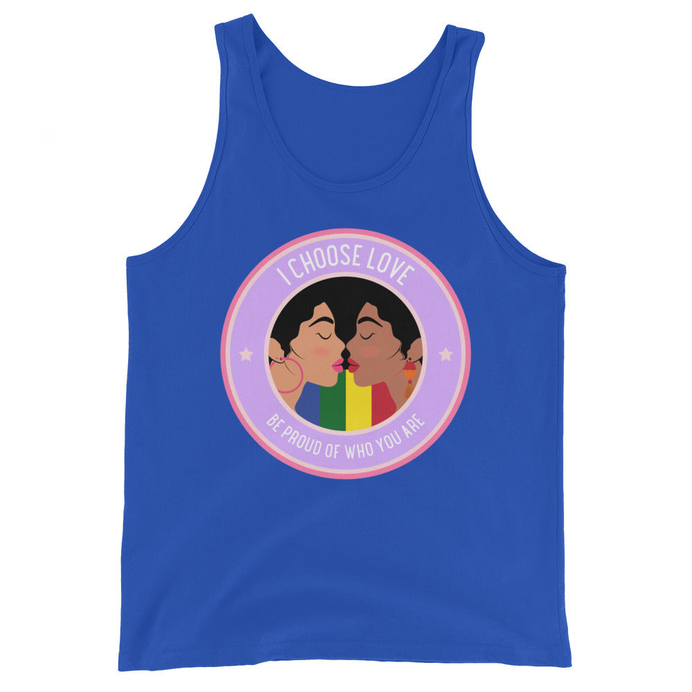 Royal-blue tank top with two women kissing and “I CHOOSE LOVE” graphic