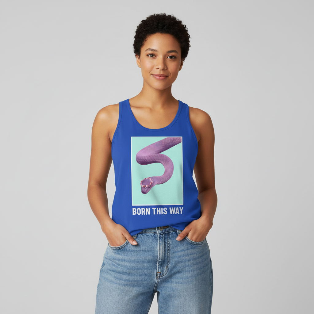 Born This Way Unisex Tank Top in blue with a purple snake and “BORN THIS WAY” slogan, worn by a person with short curly hair.