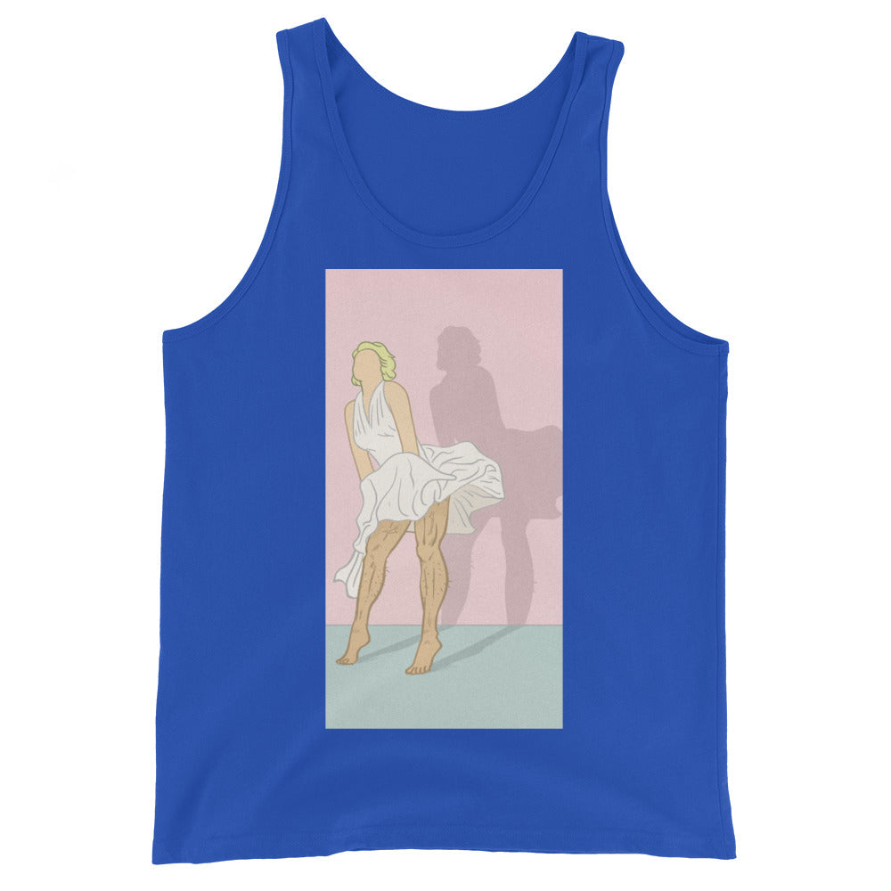 Front view of a royal-blue tank top with a vintage-style illustration of a woman in a white dress