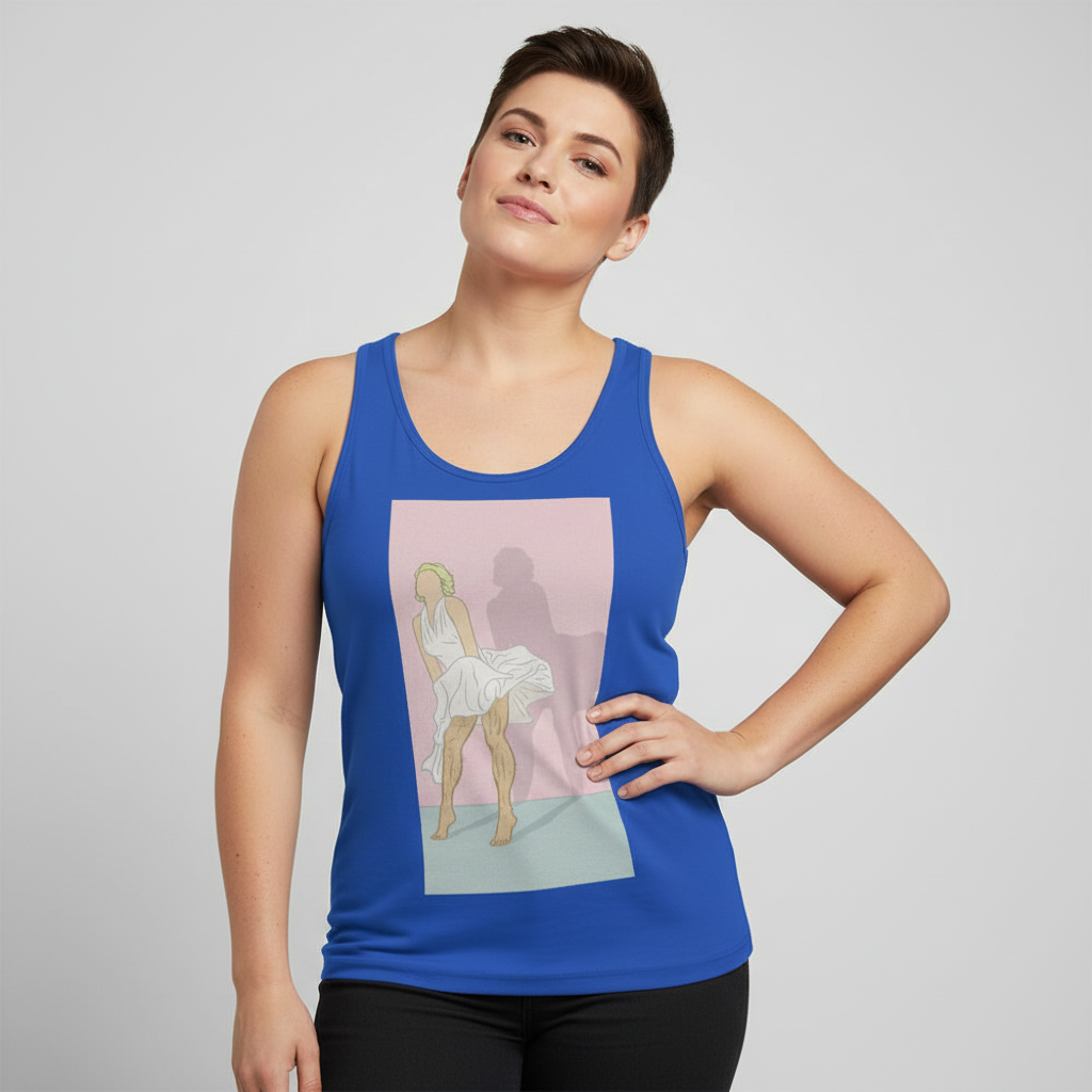Daddy Monroe Unisex Tank Top in royal blue with a pastel pink Marilyn Monroe graphic, modeled by a queer woman, one hand on hip.