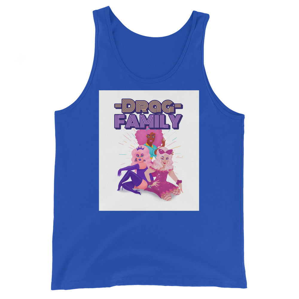 Blue tank top with a “DRAG FAMILY” graphic of three drag performers